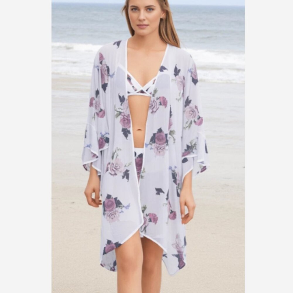 Live For Truth Kimono Cover Up Womens Size 1X White Floral Sheer High Low Sleeve